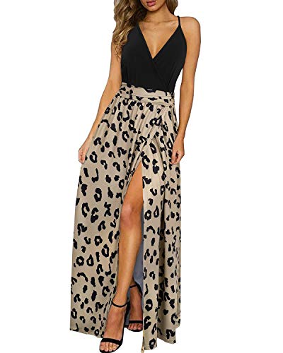 Newshows Womens' Summer V Neck Spaghetti Strap Sleeveless Casual Split Leopard Long Maxi Dress Trendy 2023(Leopard 01,M