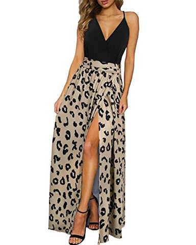 Newshows Womens' Summer V Neck Spaghetti Strap Sleeveless Casual Split Leopard Long Maxi Dress Trendy 2023(Leopard 01,M